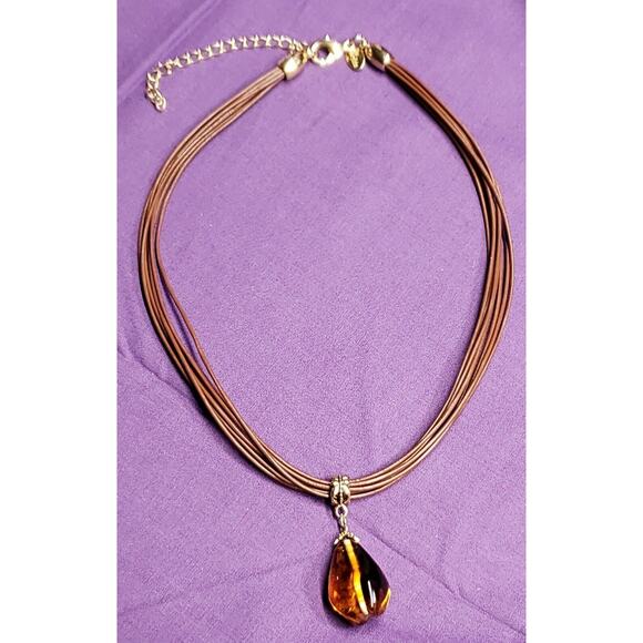 Lia Sophia Signed Gold Tone Brown Cord Amber Teardrop Glass Pendant Necklace - Picture 11 of 11